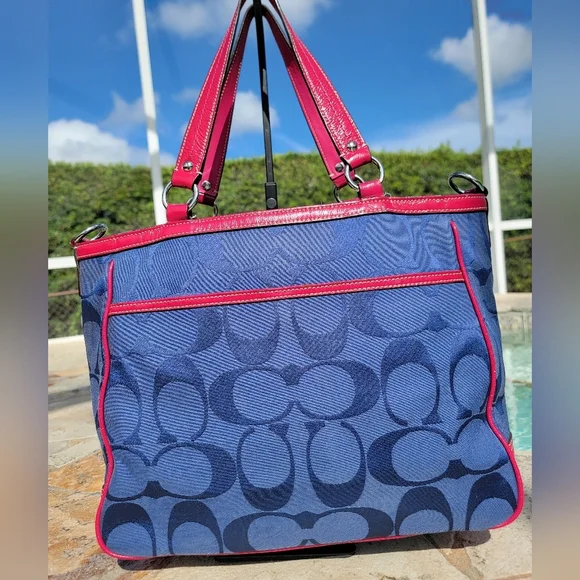 Coach Navy And Fuchia Laura Signature Monogram Jacquard Tote - Picture 5 of 16